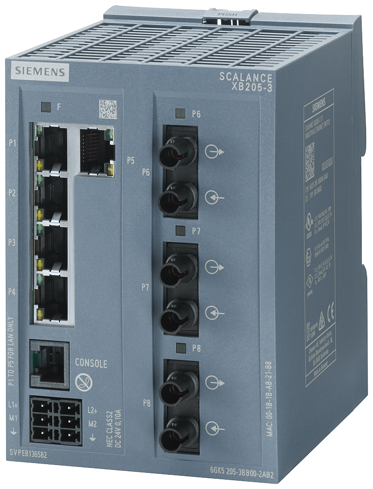 Siemens SCALANCE 6GK52053BB002TB2 Layer 2 Managed Ethernet Switch, 100BaseFX Multi-Mode Interface, (5) RJ45 Port, Telnet/HTTP/HTTPS/TFTP/FTP/DCP/LLDP/Ethernet/IP/SNMP v1/SNMP v2/SNMP v3/IGMP/HRP/MRP/PRP/SSH/NTP/SNTP Protocol