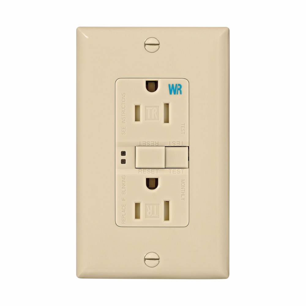 EATON Eaton Wiring Devices TWRSGF15V Duplex Self-Test Tamper Weather-Resistant GFCI Receptacle, 125 VAC, 15 A, 2 Poles, 3 Wires, Ivory