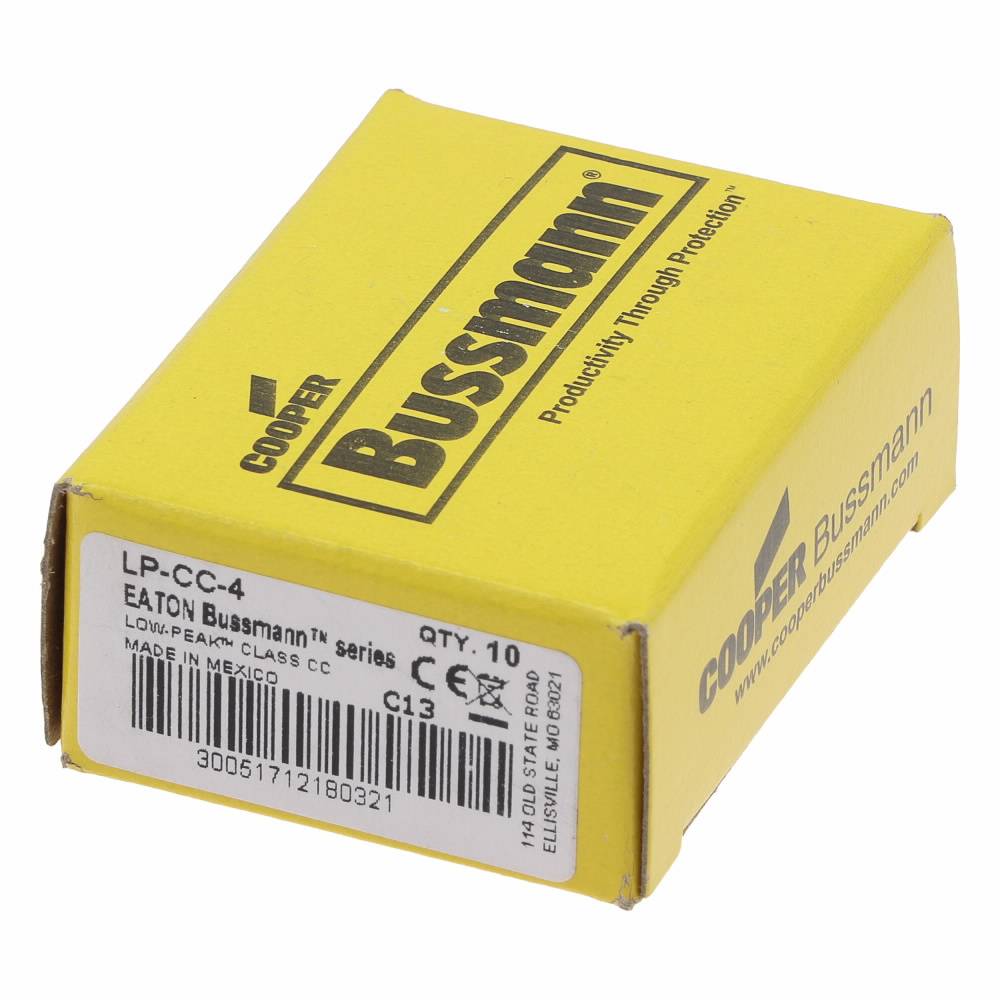 Bussmann Low-Peak™ LP-CC-4 Current Limiting Time Delay Fuse, 4 A, 600 VAC/150 VDC, 20/200 kA Interrupt, CC Class, Cylindrical Body