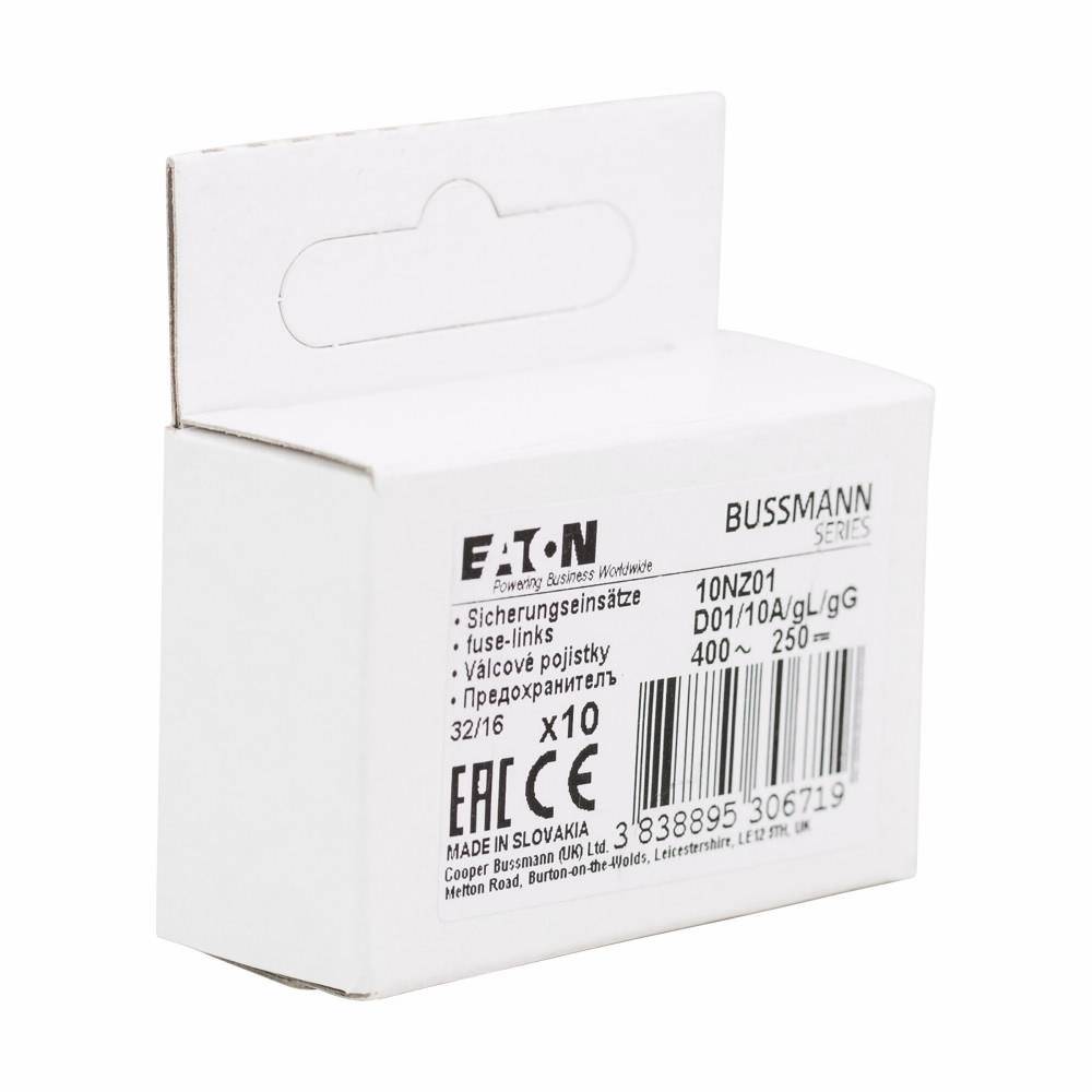 Edison 10NZ01 NZ Series Type D0 Low Voltage Time Delay Neozed Fuse, 10 A, 400 VAC, 100 kA Interrupt, Class: gG/gL, Cartridge Body