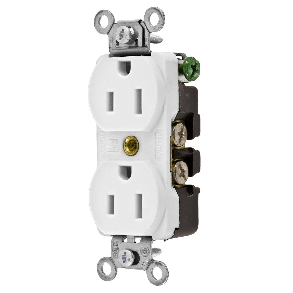 EATON Arrow Hart 5252W Straight Blade Duplex Receptacle, 125 VAC, 15 A, 2 Poles, 3 Wires, White