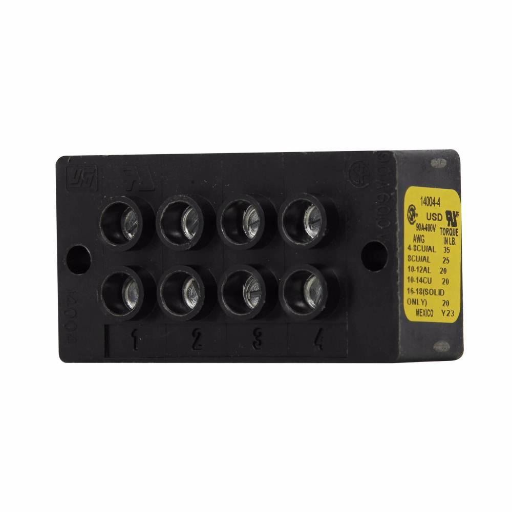 Bussmann 14004-4 Dead Front Enclosed Threaded/Splicer Power Terminal Block, 600 VAC/VDC, 90 A, 14 to 4 AWG, 8 AWG Wire, 4 Poles