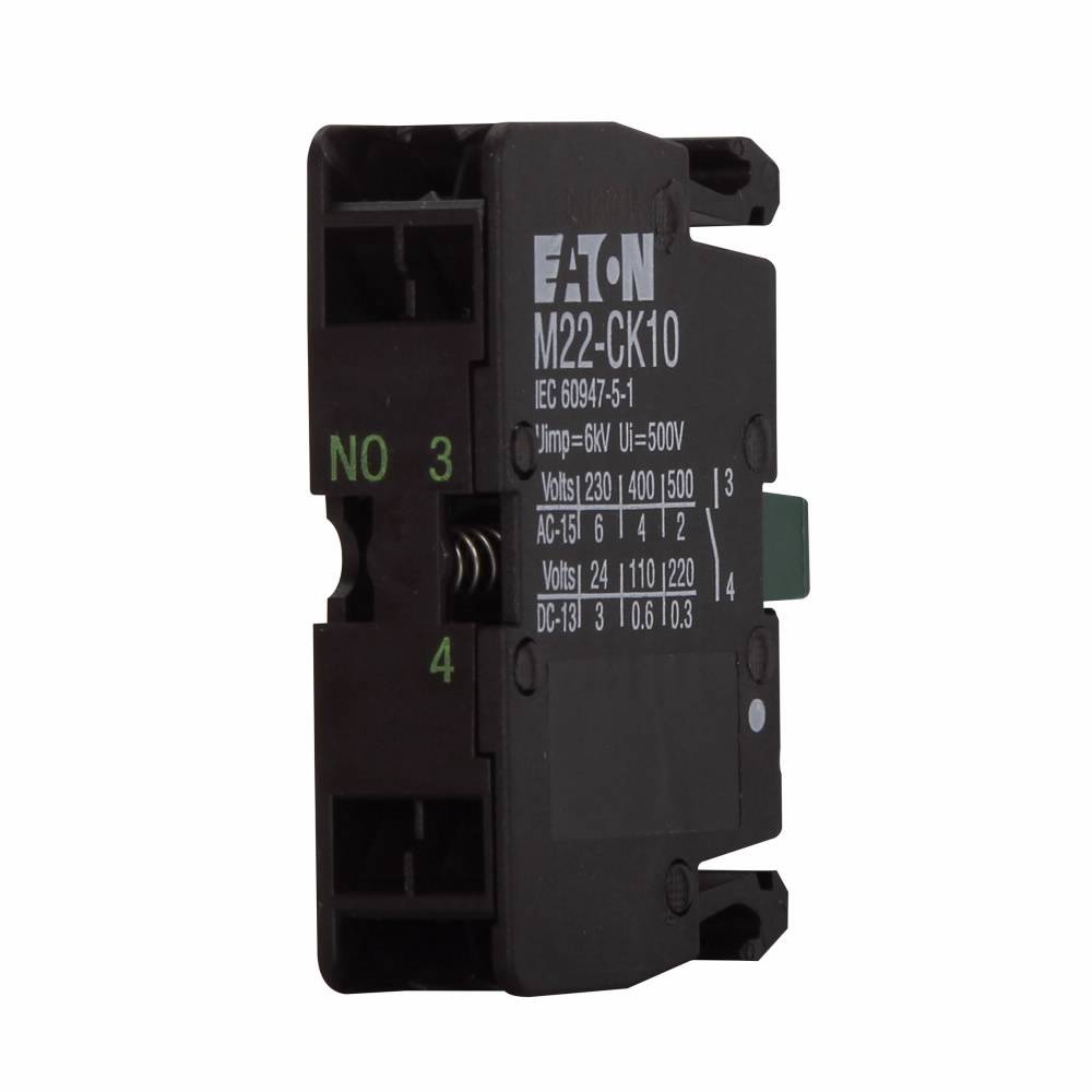 EATON M22-CK10 Contact Block, 22.5 mm, 1NO Contact, 4 A at 230 VAC, 2 A at 500 VAC Contact, Momentary Action, Black