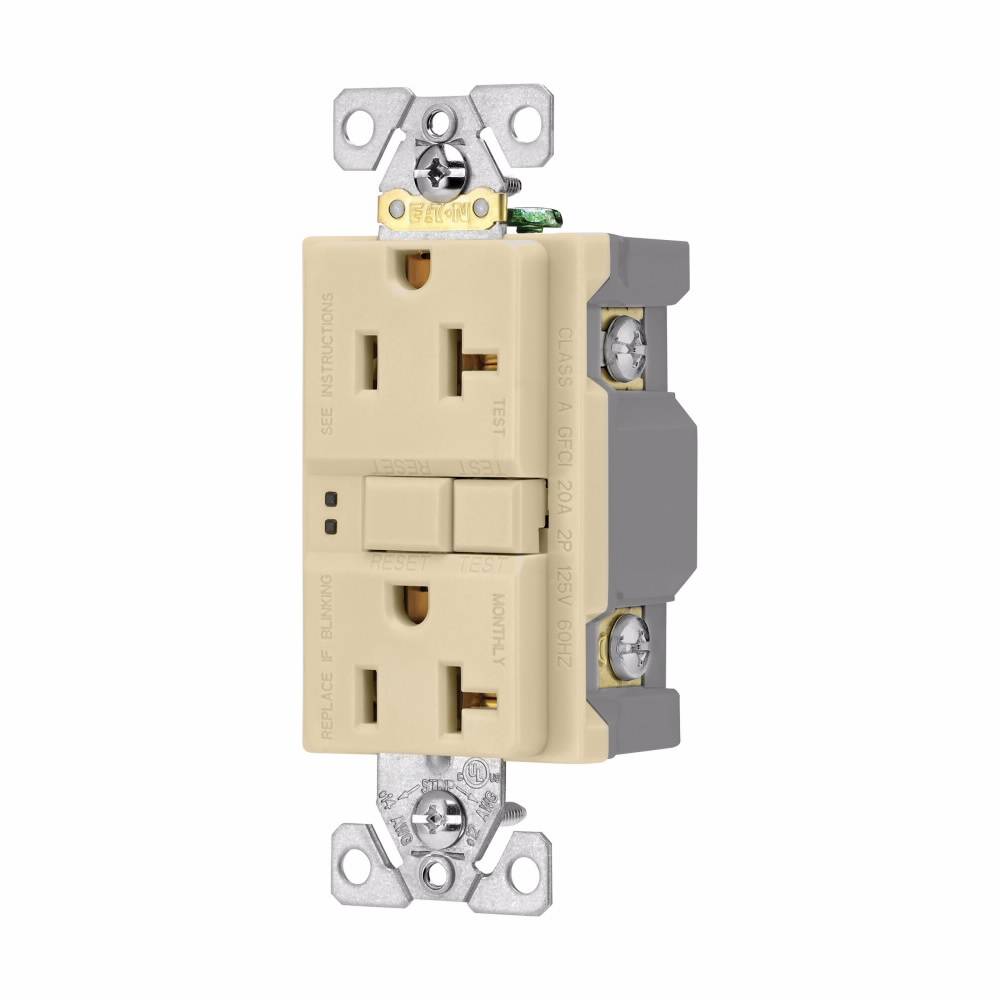 EATON Arrow Hart™ Eaton Wiring Devices SGF20V Duplex Grounding Self-Test GFCI Receptacle, 125 VAC, 20 A, 2 Poles, 3 Wires, Ivory