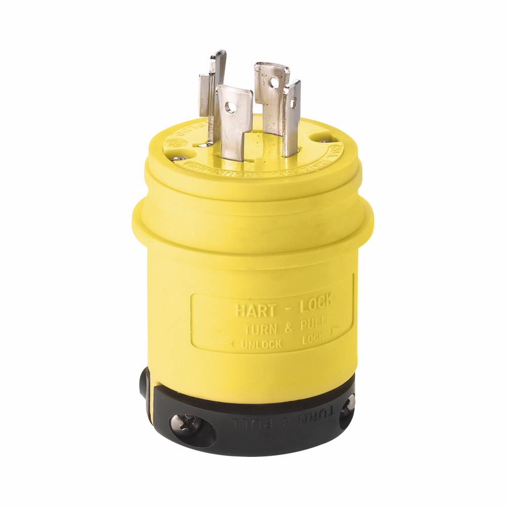 EATON Eaton Wiring Devices Arrow Hart™ L1420P Grounding Straight Locking Plug, 125/250 VAC, 20 A, 3 Poles, 4 Wires, Black/White