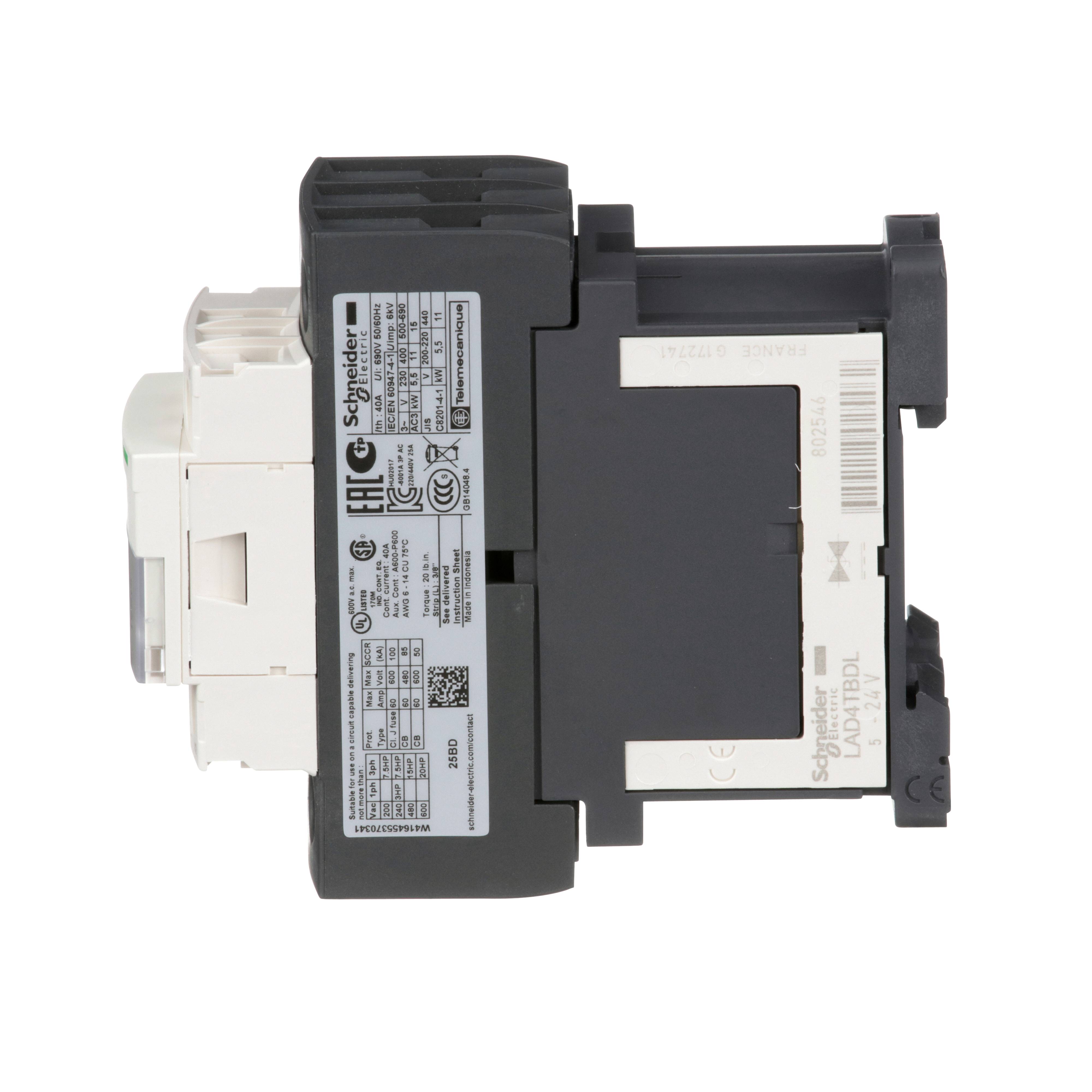 Schneider Electric Square D™ TeSys™ D LC1D25BD Direct On-Line Standard IEC Contactor, 690 VAC, 24/300 VDC V Coil, 25/40 A, 3NO Contact, 3 Poles