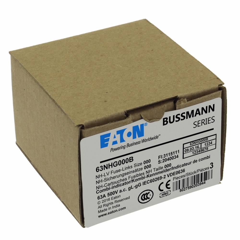 EATON Bussmann Edison 63NHG000B Size 000 Dual Indicator NH Fuse Link, 500 V, 63 A, For Use With Bussmann NH Size Photovoltaic Fuse, Class C gG/gL Fuse, Ceramic
