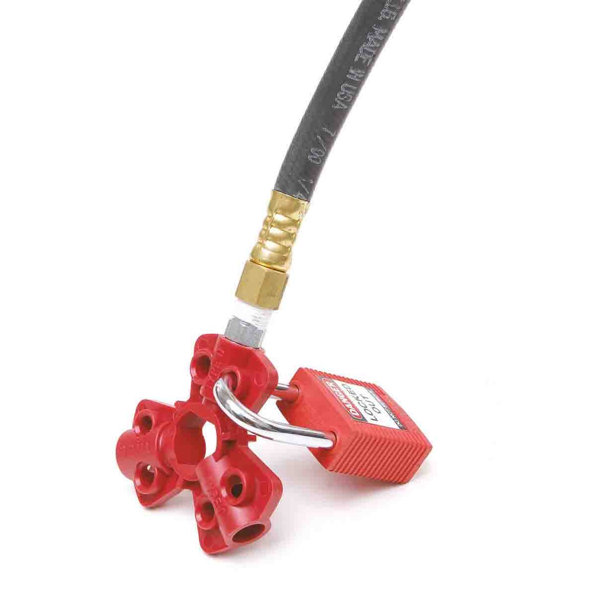 Brady® 64221 Quick-Disconnect Pneumatic Hose Lockout Device, Red, 0.31 in Dia Max Padlock Shackle, 6 Padlocks, Fiberglass Reinforced Nylon, 0.83 in L x 2.875 in W x 2.875 in H