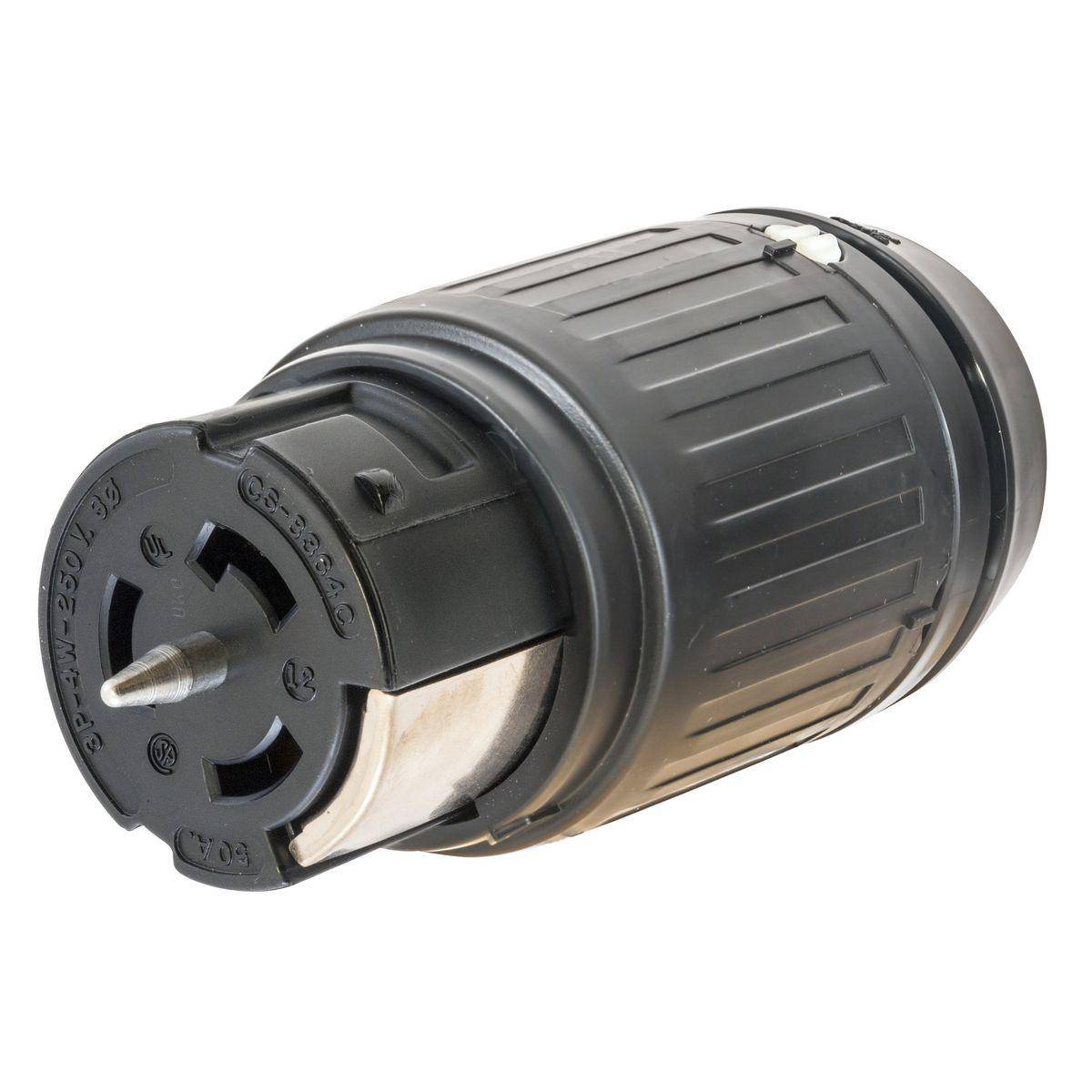 Wiring Device-Kellems Twist-Lock® CS8364CA05 3-Phase Heavy Duty Isolated Grounding Standard Sized Cord Mount Locking Connector, 250 VAC, 50 A, 3 Poles, 4 Wires, Black