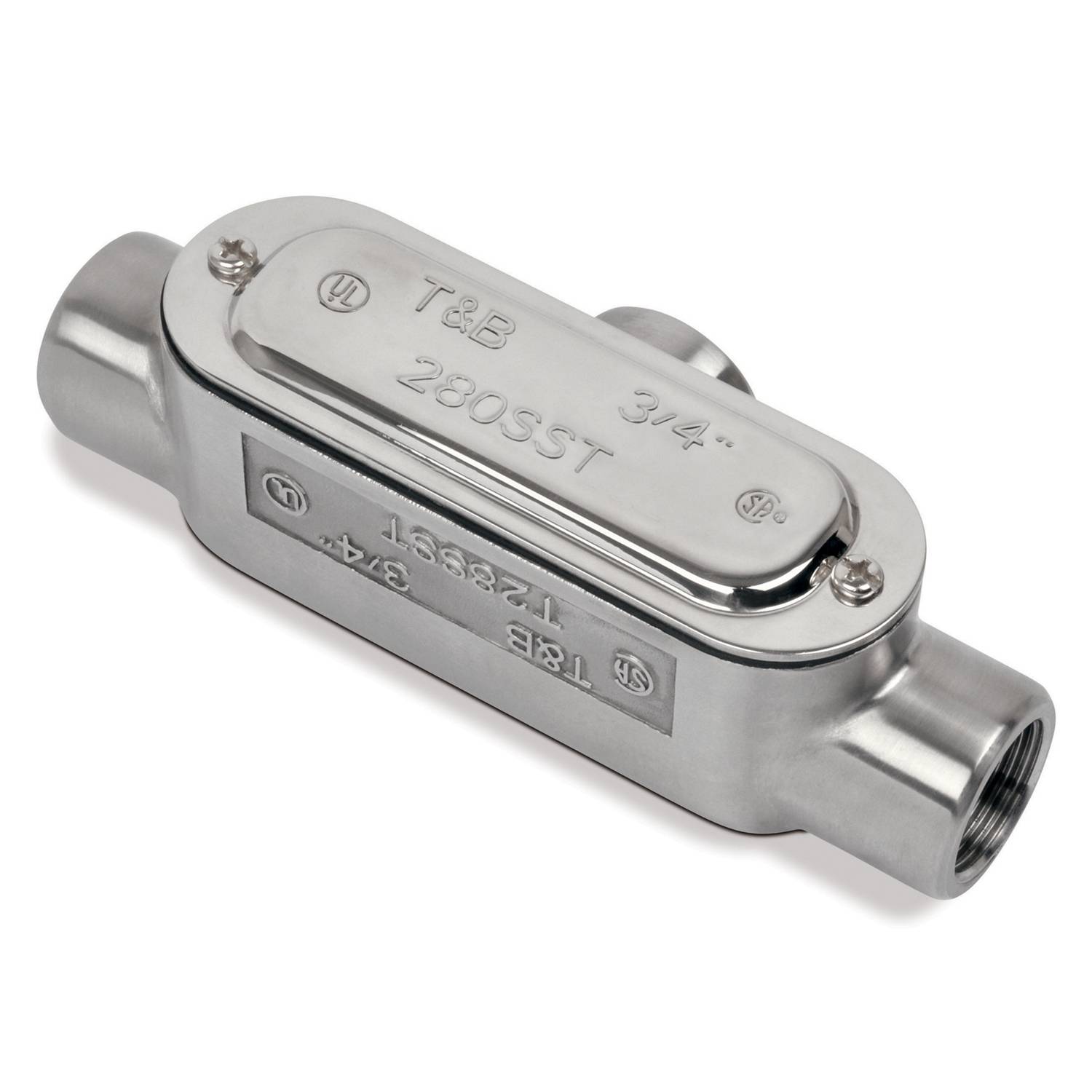 T&B® BlueKote® T48SST Type T Conduit Body With Cover, Gasket and Screw, 1-1/4 in Hub, Form 8 Form, 24 cu-in Capacity, 316 Stainless Steel, Polished