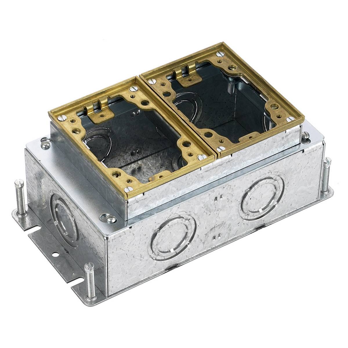 Wiring Device-Kellems B2432 Deep Fully Adjustable Floor Box, Stamped Steel, 52.8 cu-in/Gang Capacity, 2 Gangs, (7) Knockouts, 4.81 in L x 9.25 in W x 3.72 in H