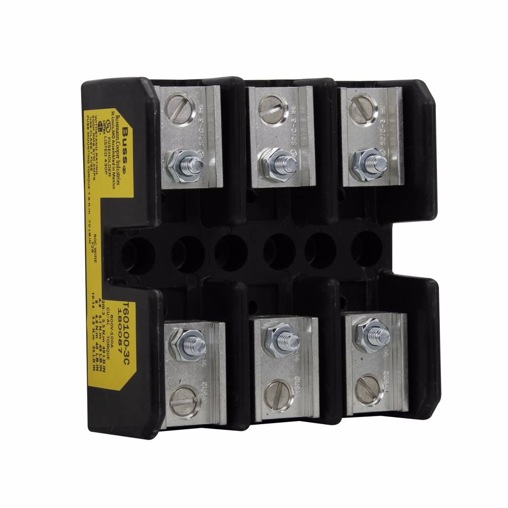 Edison T60100-3C T600 Open Style Fuse Block, 600 VAC/VDC, 61 to 100 A, T Class, 14 to 2/0 AWG Wire, 3 Poles