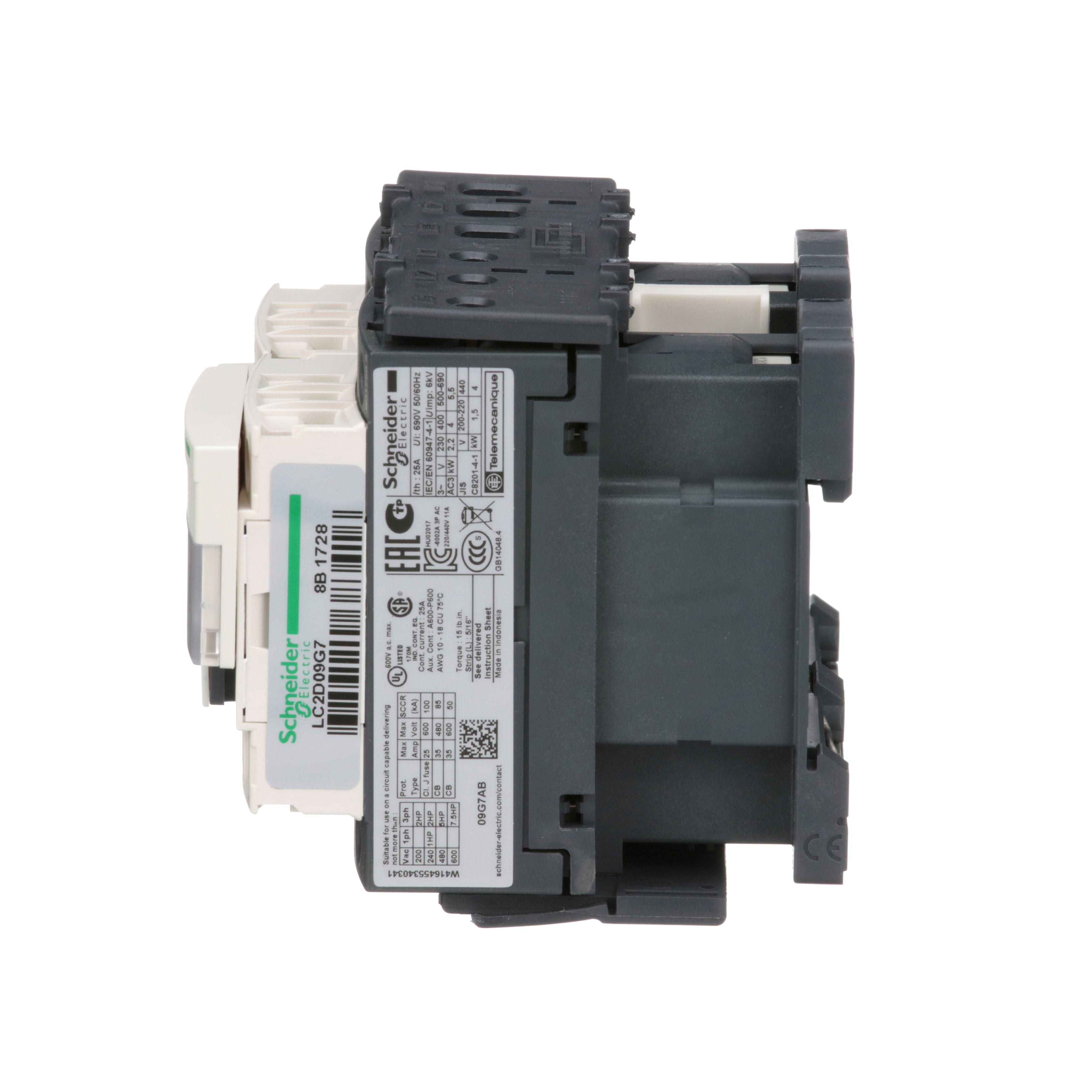 Square D™ TeSys™ D LC2D09G7 D-Line Mechanical Standard IEC Contactor, 120/690 VDC, 300 VDC V Coil, 9/25 A, 3NO Contact, 3 Poles
