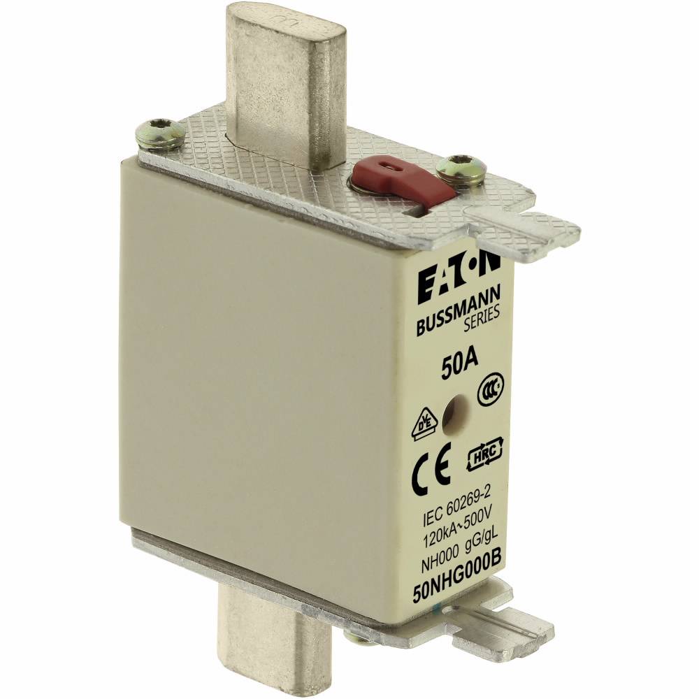 EATON Bussmann Edison 50NHG000B Size 000 Dual Indicator NH Fuse Link, 500 V, 50 A, For Use With Bussmann NH Size Photovoltaic Fuse, Class C gG/gL Fuse, Ceramic