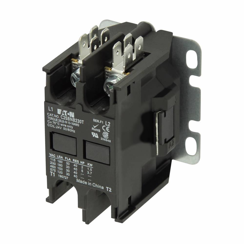 EATON C25BNB230C Compact Definite Purpose Contactor With Metal Mounting Plate, 440/480 VAC V Coil, 30/40 A, 2 Poles