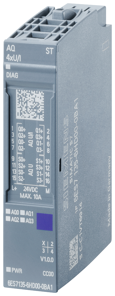 Siemens 6AG21356HD004BA1 Analog Output Module, 4 Outputs, 1 to 5 V, 0 to 10 V, +/-5 V, +/-10 V, 0 to 20 mA, 4 to 20 mA, +/-20 mA Signal Range, 16 bit Resolution, 0.05 % Accuracy