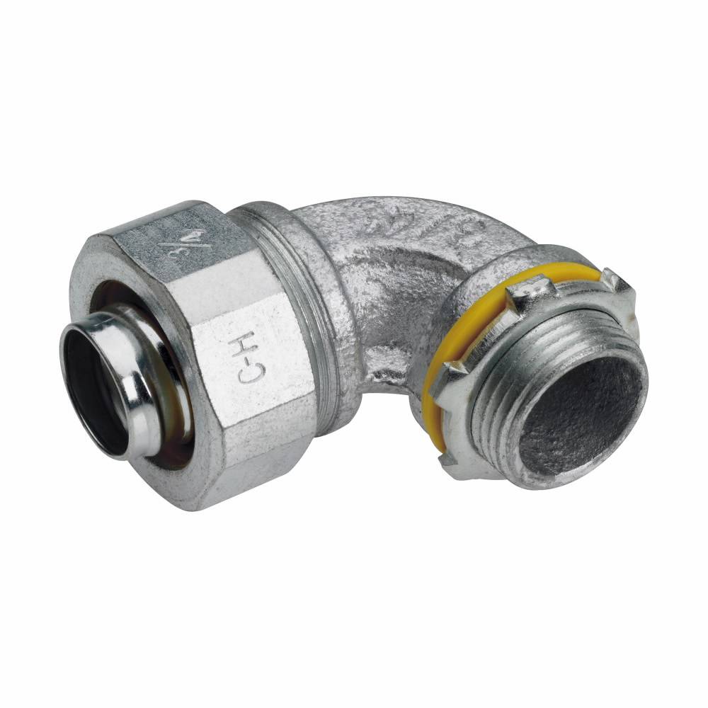 Crouse-Hinds Liquidator™ LTB10090 Insulated Liquidtight Conduit Connector, 1 in Trade, 90 deg, Malleable Iron, Electro-Plated Zinc