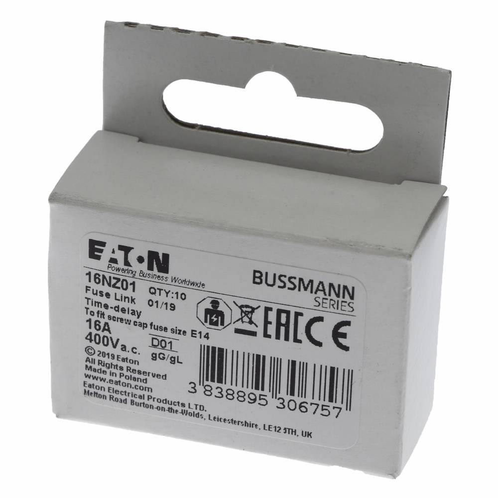 Edison 16NZ01 Type D01 Low Voltage Neozed Time Delay Fuse Link, 16 A, 400 VAC, 100 kA Interrupt, Class: gG/gL, Round Body