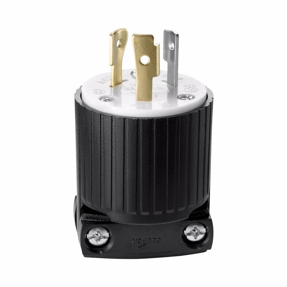 EATON Eaton Wiring Devices Arrow Hart™ L520P Grounding Straight Locking Plug, 125 VAC, 20 A, 2 Poles, 3 Wires, Black/White
