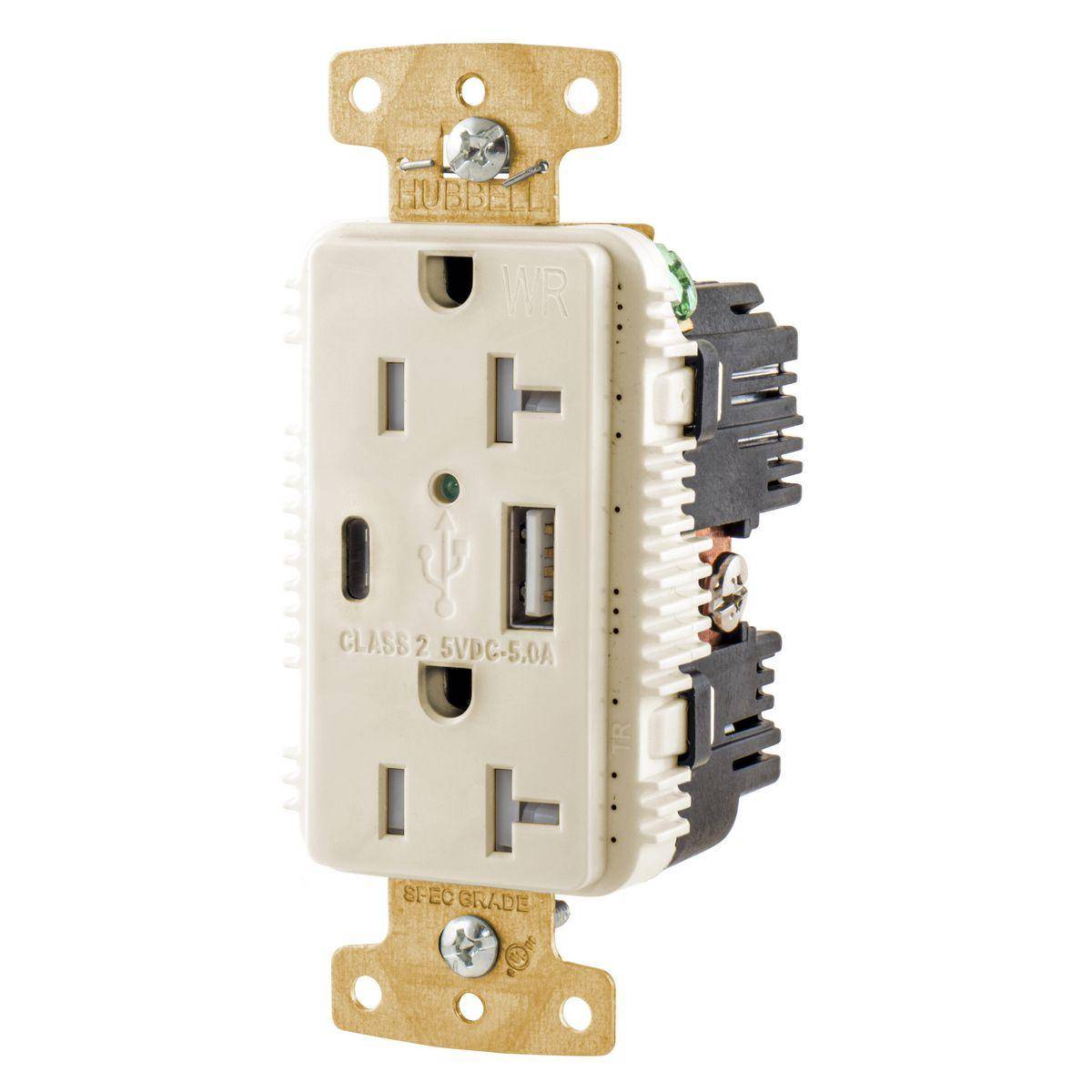 Wiring Device-Kellems tradeSELECT® USB20AC5LAWR Decorator Duplex Grounding Tamper/Weather-Resistant USB Charger Receptacle With Green LED, 125 V, 20 A, 1 Phase, 2 Poles, 3 Wires, Light Almond
