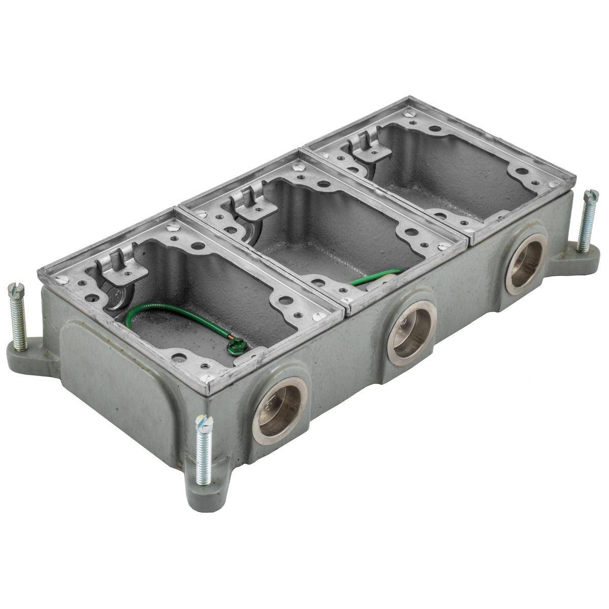 Wiring Device-Kellems BA4314 Semi-Adjustable Shallow Concrete Floor Box, Cast Iron, 16 cu-in Capacity, 3 Gangs, 6 Knockouts, 5.46 in L x 10.7 in W x 2 in H