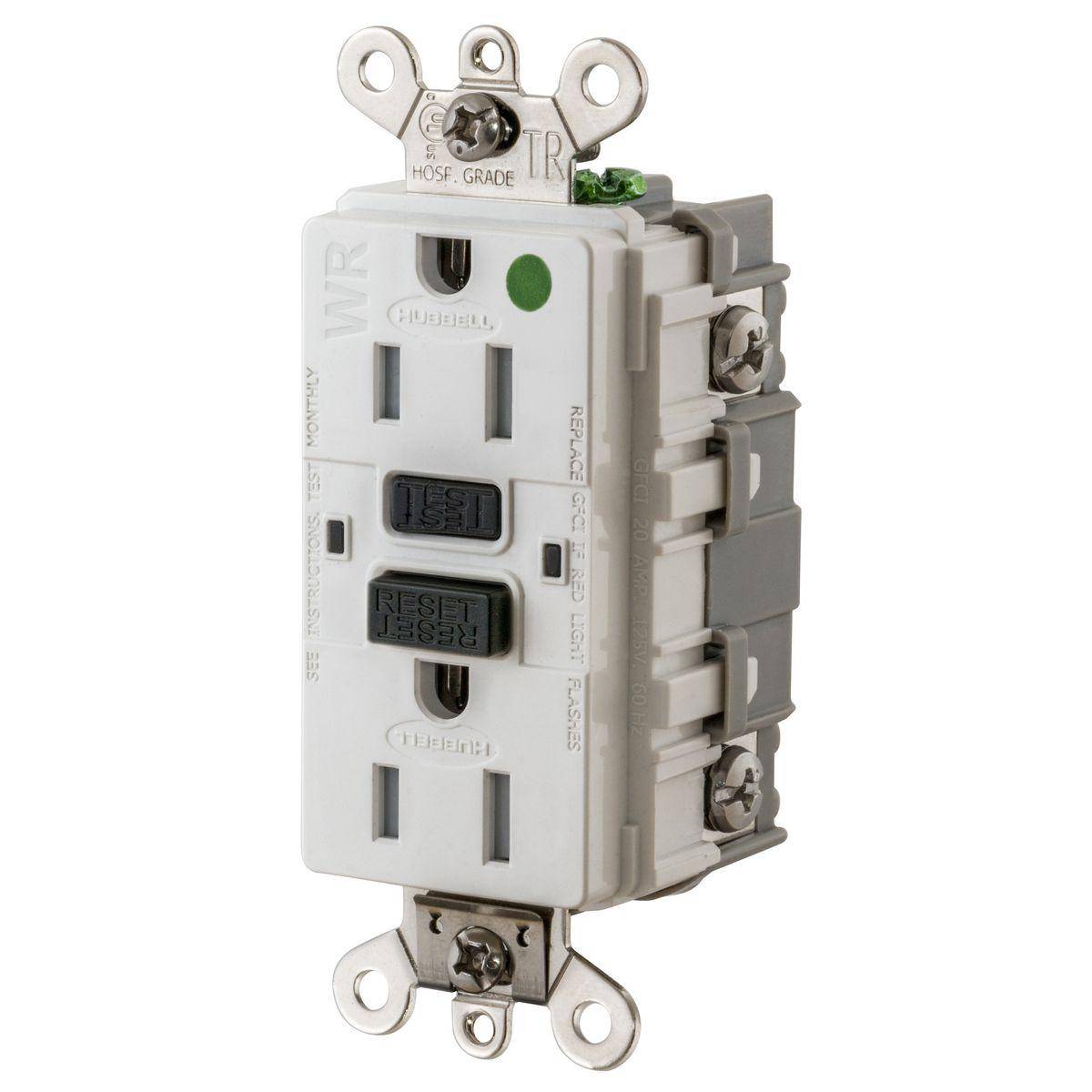 Wiring Device-Kellems GF8200SGW Duplex Extra Heavy Duty Feed-Through Grounding Tamper-Resistant Weather-Resistant GFCI Receptacle, 125 VAC, 15 A, 2 Poles, 3 Wires, White