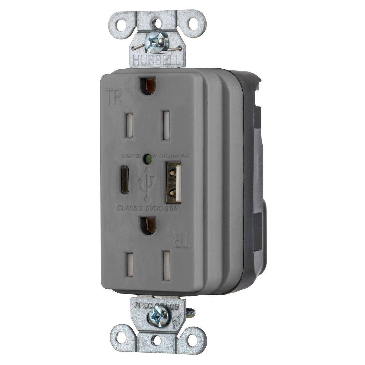 Wiring Device-Kellems SNAPConnect® Style Line® SNAP15UACGY Decorator Duplex Grounding Temper-Resistant USB Charger Receptacle, 125 VAC, 15 A, 2 Poles, 3 Wires, Gray