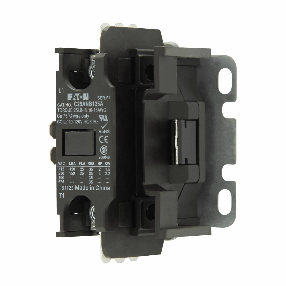 EATON C25ANB125A Compact Definite Purpose Control Contactor, 110/120 VAC Coil, 25 A, 1 Pole