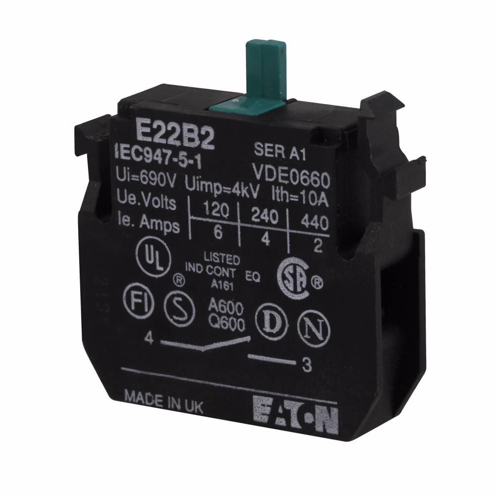 EATON E22B2 Heavy Duty Non-Metallic Standard Contact Block, 22.5 mm, 1NO Contact, 10 A at 600 VAC, 2.5 A at 600 VDC Contact, Silver Contact