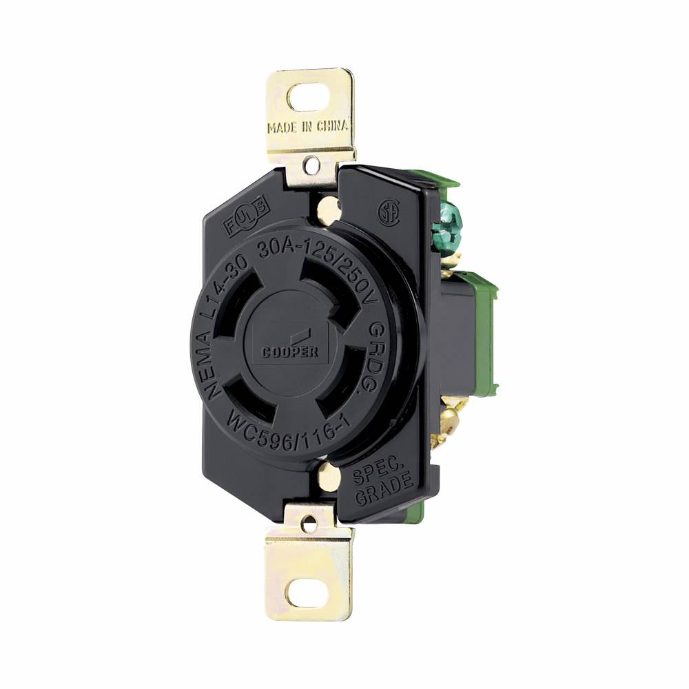 EATON Wiring Devices Arrow Hart™ L1430R Single Locking Receptacle, 125/250 VAC, 30 A, 3 Poles, 4 Wires, Black