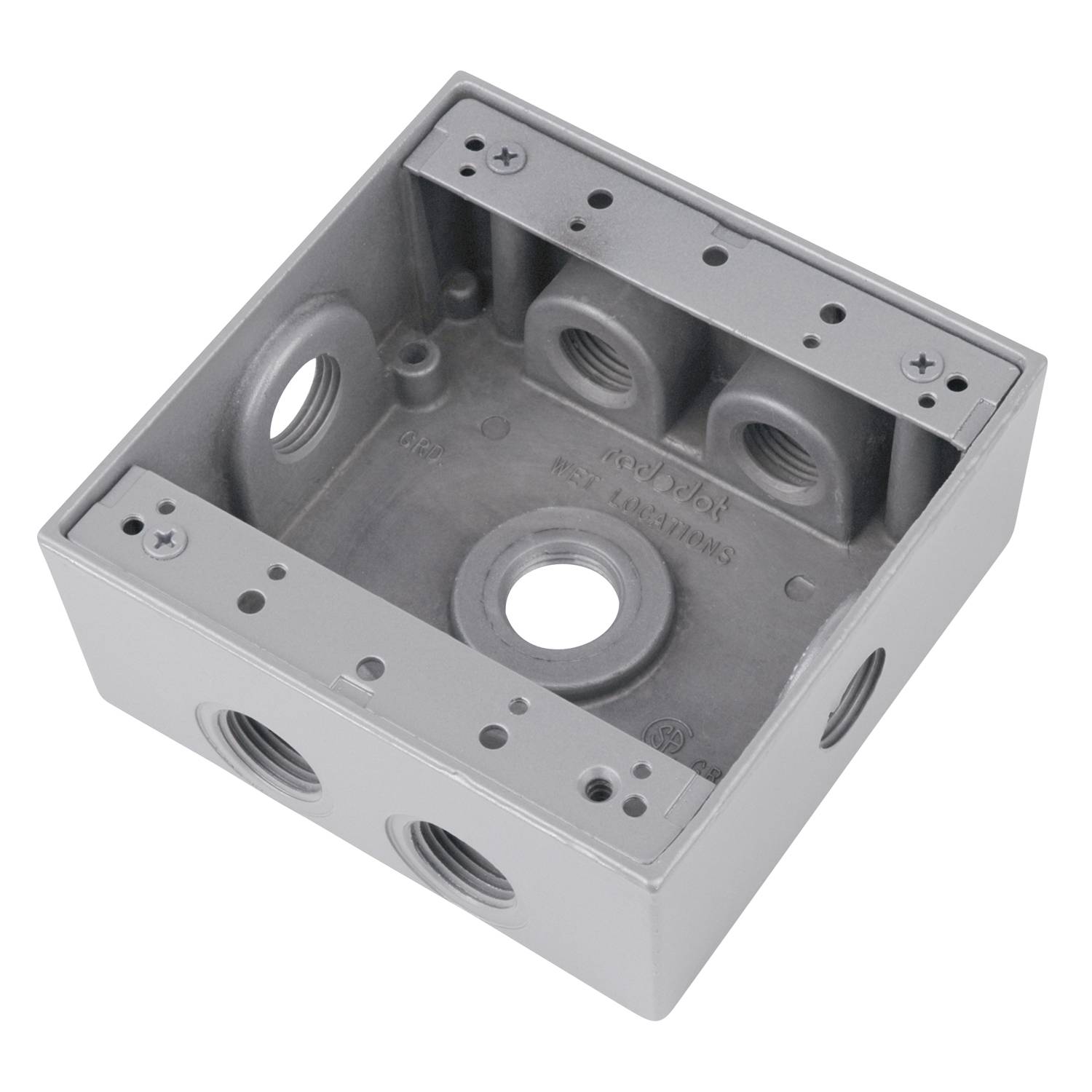 Red Dot® 2IH7S2-2 Universal Weatherproof Box, Die Cast Aluminum, 31.8 cu-in Capacity, 2 Gangs, 7 Outlets, 4-9/16 in L x 4-5/8 in W x 2-1/16 in D