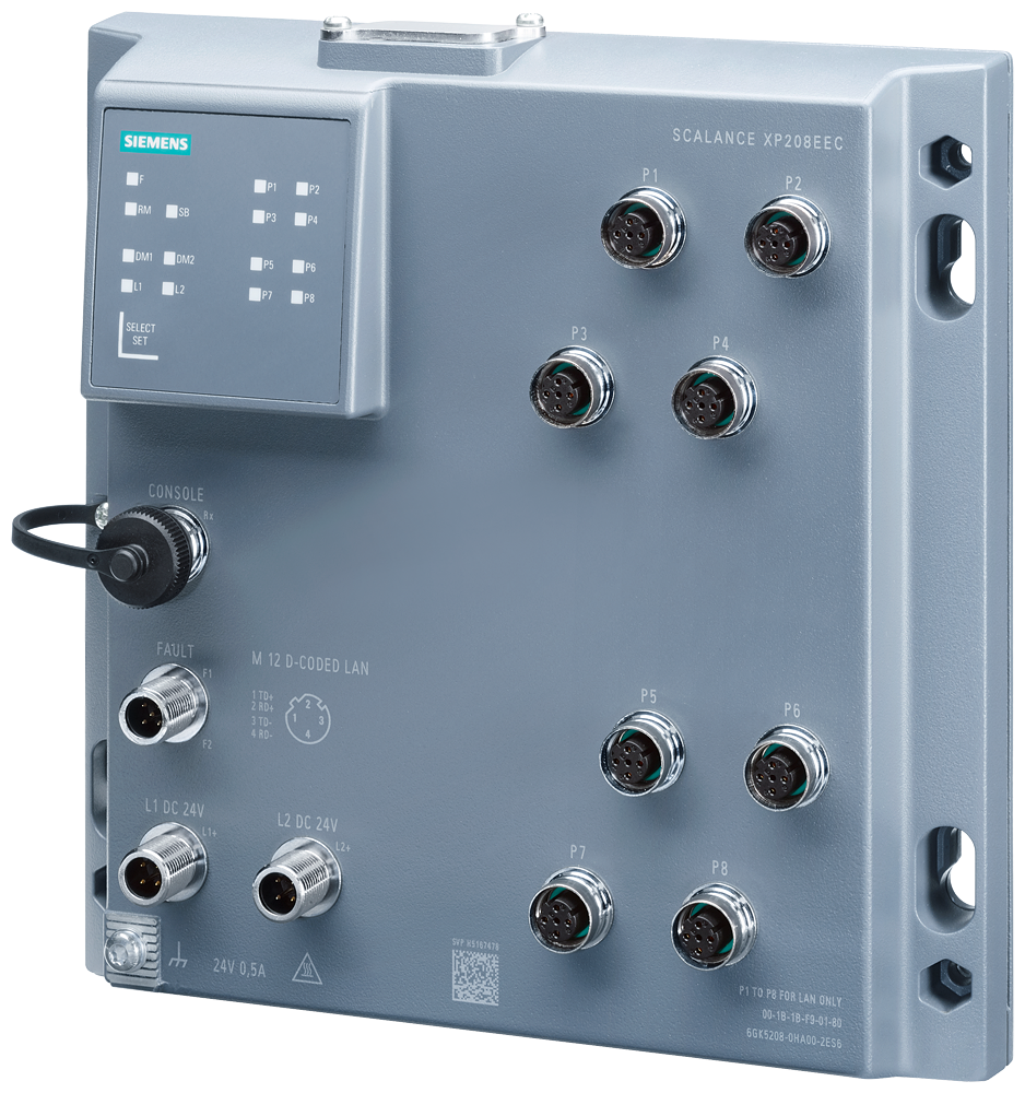 Siemens SCALANCE XP208EEC 6GK52080HA002ES6 Compact Managed Ethernet Switch, 10/100 Mbps Interface, M12 Port, Telnet/HTTP/HTTPS/TFTP/FTP/DCP/LLDP/Ethernet/IP/SNMP v1/SNMP v2/SNMP v3/IGMP/HRP/MRP/SSH/SSL/NTP/SNTP Protocol