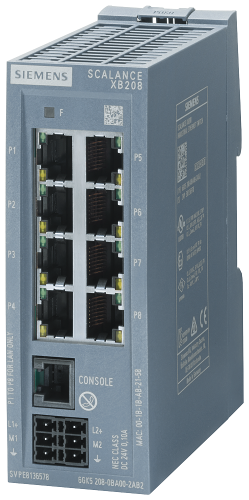 Siemens 6GK52080BA002TB2 SCALANCE XB208 Manageable Industrial Ethernet Switch, Telnet/HTTP/HTTPS/TFTP/FTP Protocol