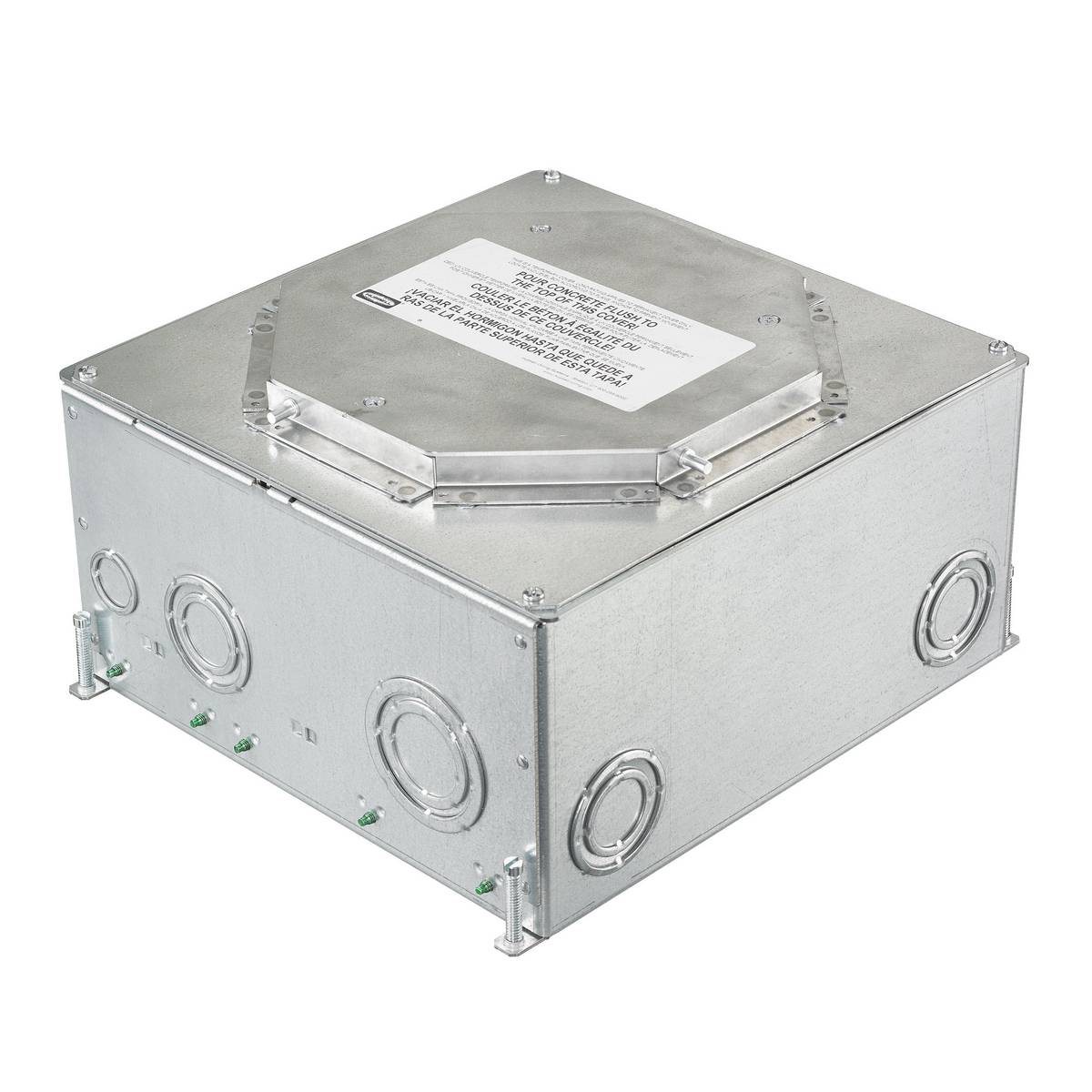 PREMISE WIRING SystemOne® CFB10G55R Above Grade Fully Adjustable Recessed Standard Floor Box, Stamped Steel, 25.5 cu-in Capacity, 10 Gangs, 38 Knockouts, 6.25 in H x 10.96 in W x 12.1 in D