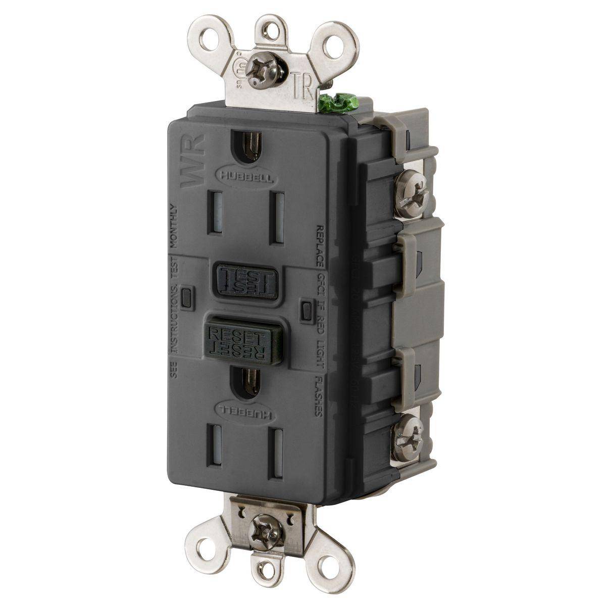 Wiring Device-Kellems AUTOGUARD® GF5262SGBK Tamper Resistant Weather Resistant Self Test GFCI Receptacle, 125 V, 15 A, 2 Poles, 3 Wires, Black