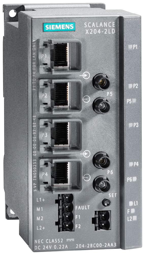 Siemens 6GK52042BC102AA3 SCALANCE X204-2LD Managed Industrial Ethernet Switch, RJ-45 Port, Telnet/HTTP/HTTPS/TFTP/FTP/SNMP v1/SNMP v2/SNMP v3/DCP/LLDP/SNTP/HSR/MRP Redundancy/PRP Protocol