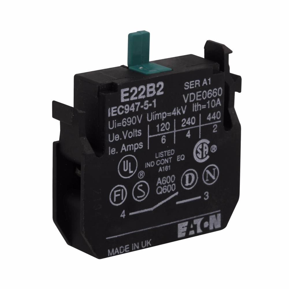 EATON E22B2 Heavy Duty Non-Metallic Standard Contact Block, 22.5 mm, 1NO Contact, 10 A at 600 VAC, 2.5 A at 600 VDC Contact, Silver Contact