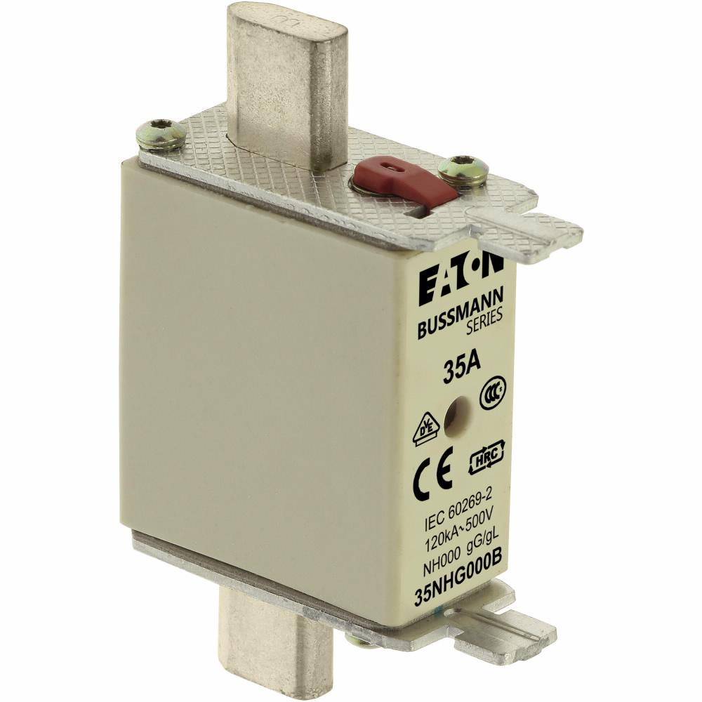 EATON Bussmann Edison 35NHG000B Size 000 Dual Indicator NH Fuse Link, 500 V, 35 A, For Use With Bussmann NH Size Photovoltaic Fuse, Class C gG/gL Fuse, Ceramic
