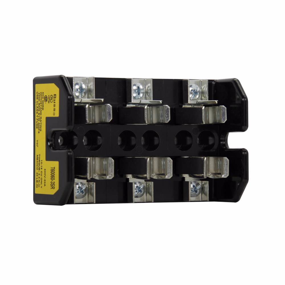 Edison T60060-3SR Open Style Fuse Block, 600 VAC/VDC, 31 to 60 A, T Class, 18 to 10 AWG Wire, 3 Poles