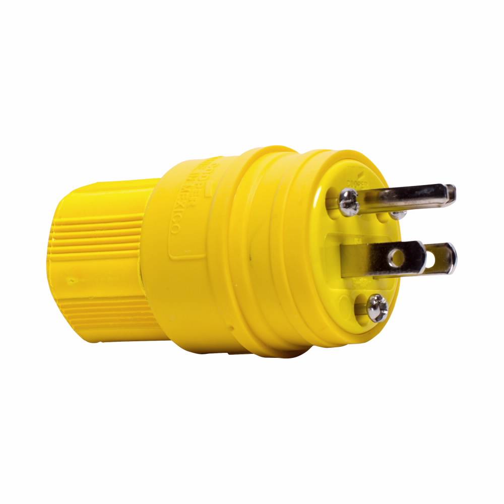EATON Arrow Hart 14W47 Grounding Watertight Straight Blade Plug, 125 VAC, 15 A, 2 Poles, 3 Wires, Yellow