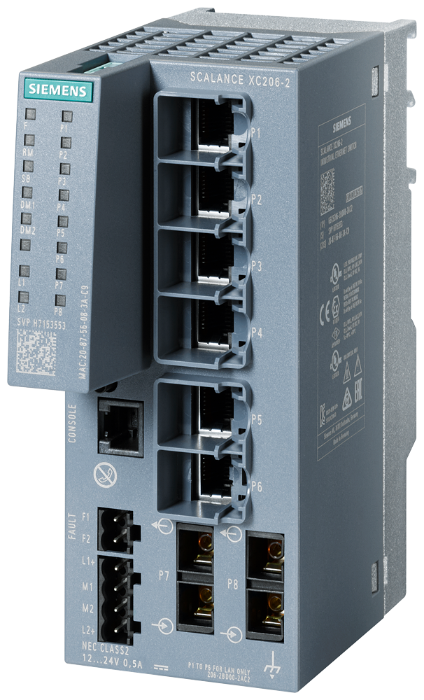 Siemens SCALANCE XC206-2 6GK52062BD002AC2 SCALANCE XC206-2 Compact Layer 2 Managed Ethernet Switch, 10/100 Mbps, 100 Mbps Multi-Mode Interface, (6) RJ45 Port