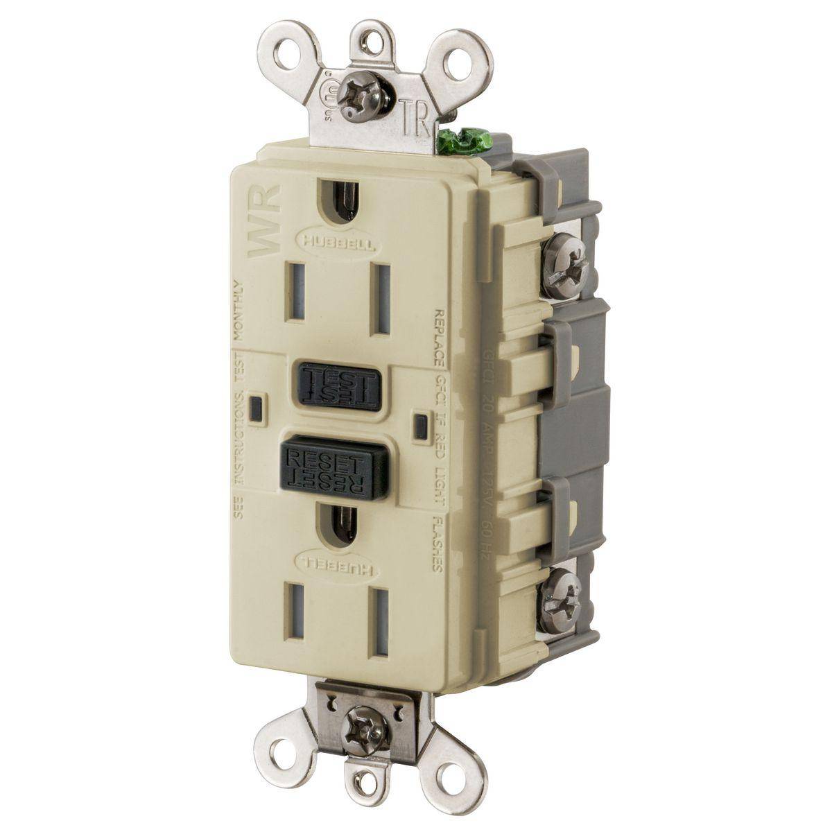 Wiring Device-Kellems GF5262SGI 1-Phase Auto Duplex Grounding Heavy Duty Standard Tamper-Resistant Weather-Resistant Screw Mount GFCI Receptacle, 125 VAC, 15 A, 2 Poles, 3 Wires, Ivory