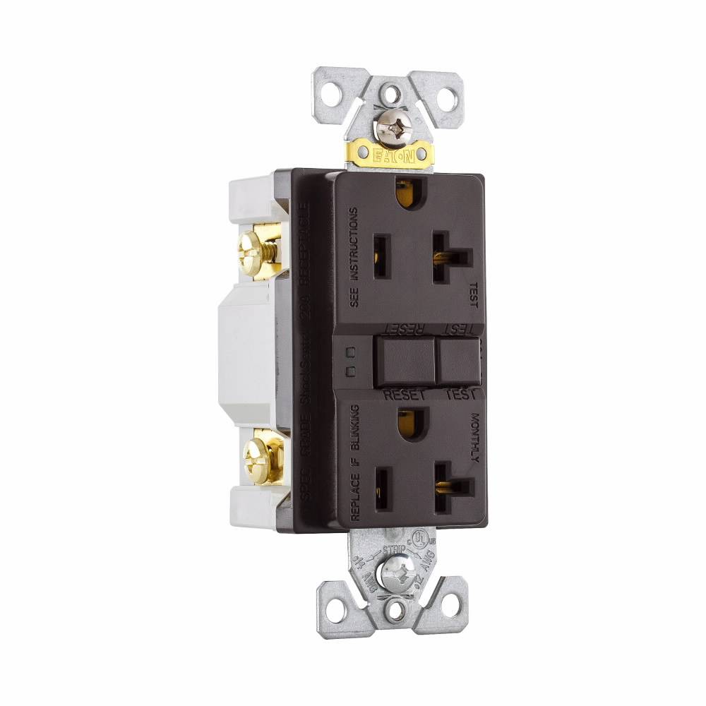 EATON Eaton Wiring Devices SGF20B Duplex Self-Test GFCI Receptacle, 125 VAC, 20 A, 2 Poles, 3 Wires, Brown