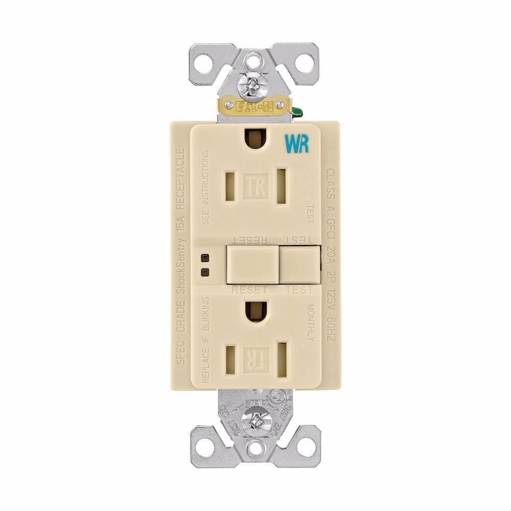 EATON Eaton Wiring Devices TWRSGF15V Duplex Self-Test Tamper Weather-Resistant GFCI Receptacle, 125 VAC, 15 A, 2 Poles, 3 Wires, Ivory