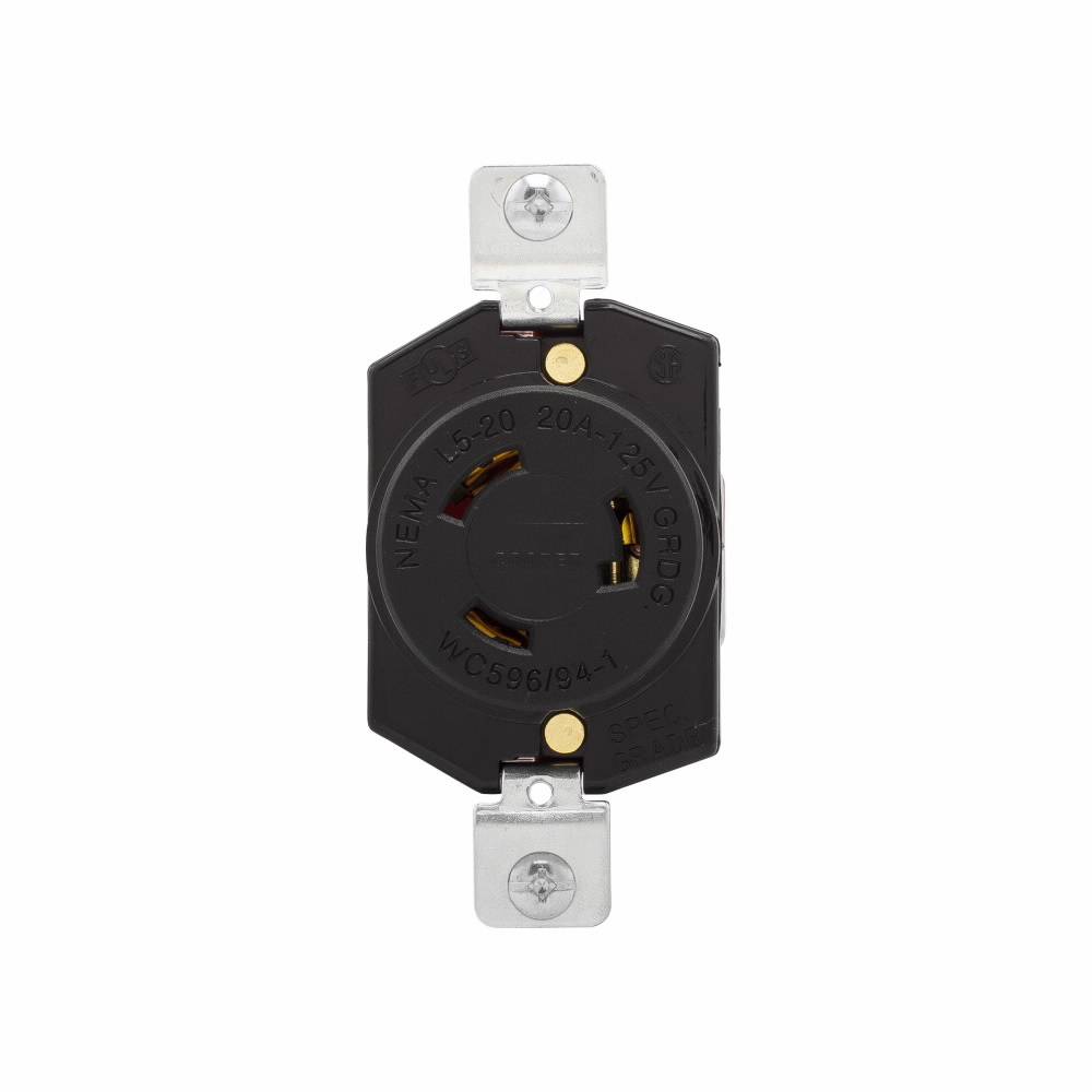 EATON Wiring Devices Arrow Hart™ L520R Single Locking Receptacle, 125 VAC, 20 A, 2 Poles, 3 Wires, Black