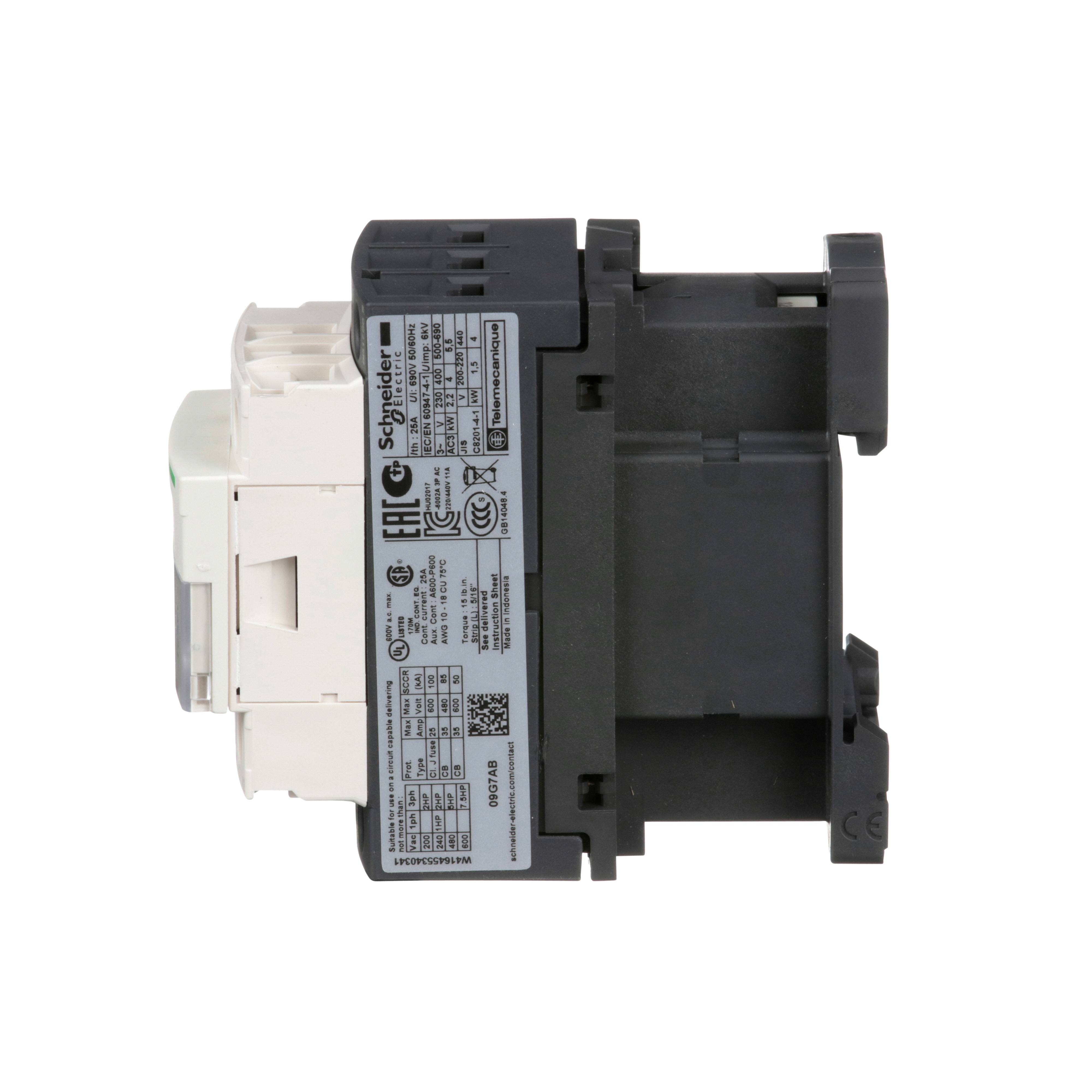 Schneider Electric Square D™ TeSys™ D LC1D09G7 Direct On-Line IEC Contactor, 120/690 VDC, 300 VDC V Coil, 9/25 A, 3NO Contact, 3 Poles