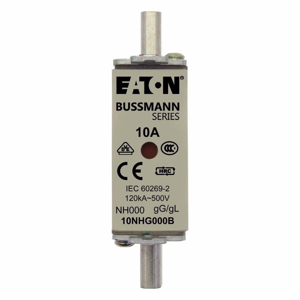 Edison 10NHG000B Size 000 Class gG/gL Dual Indicator NH Fuse Link With Metal Gripping Lugs, 500 VAC/250 VDC, 10 A, For Use With Bussmann NH Size Photovoltaic Fuse, Ceramic