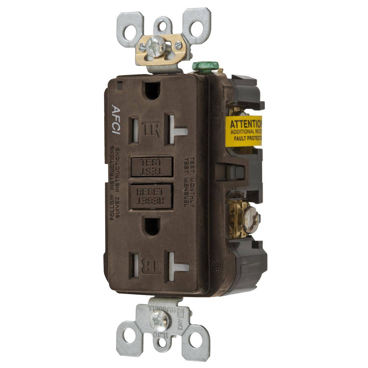 Bryant Electric AFR20TR 1-Phase Duplex Self-Grounding Straight Blade Tamper-Resistant Arc Fault Receptacle With 125 VAC 20 A Feed-Through Tamper Resistant Outlet, LED Indicator, 125 VAC, 20 A, 2 Poles, 3 Wires, Brown
