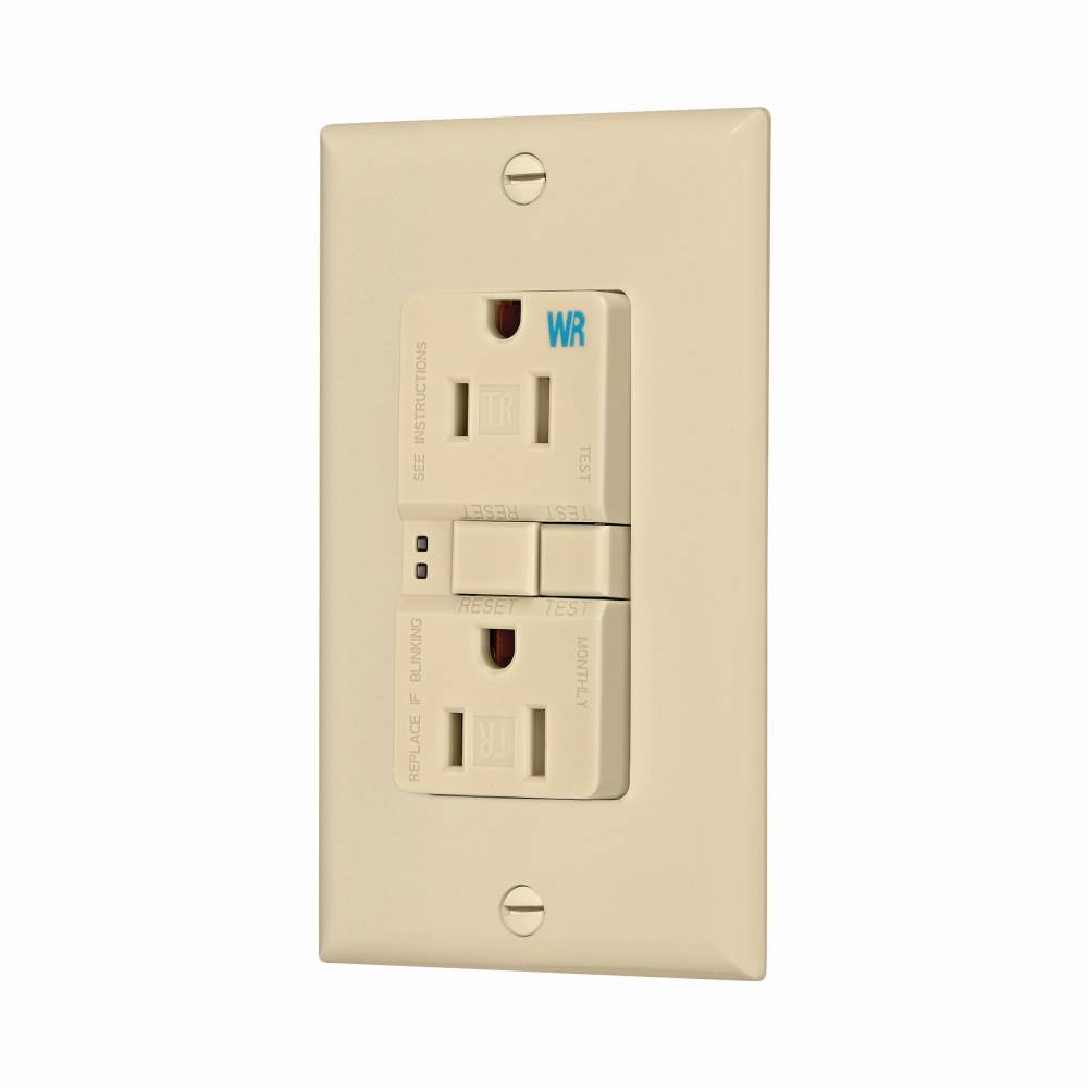 EATON Eaton Wiring Devices TWRSGF15V Duplex Self-Test Tamper Weather-Resistant GFCI Receptacle, 125 VAC, 15 A, 2 Poles, 3 Wires, Ivory