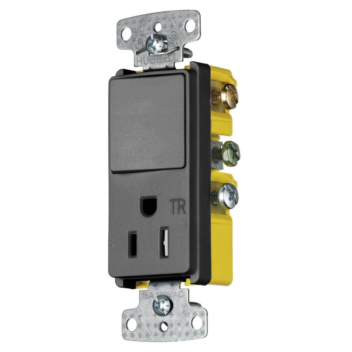 Wiring Device-Kellems RCD108BKTR Decorator 2-Position Standard Tamper-Resistant Combination Switch and Receptacle, Electrical Ratings: 120/125 VAC, 15 A, 1875 W, 1 Poles, 3 Wires, 14 to 12 AWG Wire, Snap Switch Reset